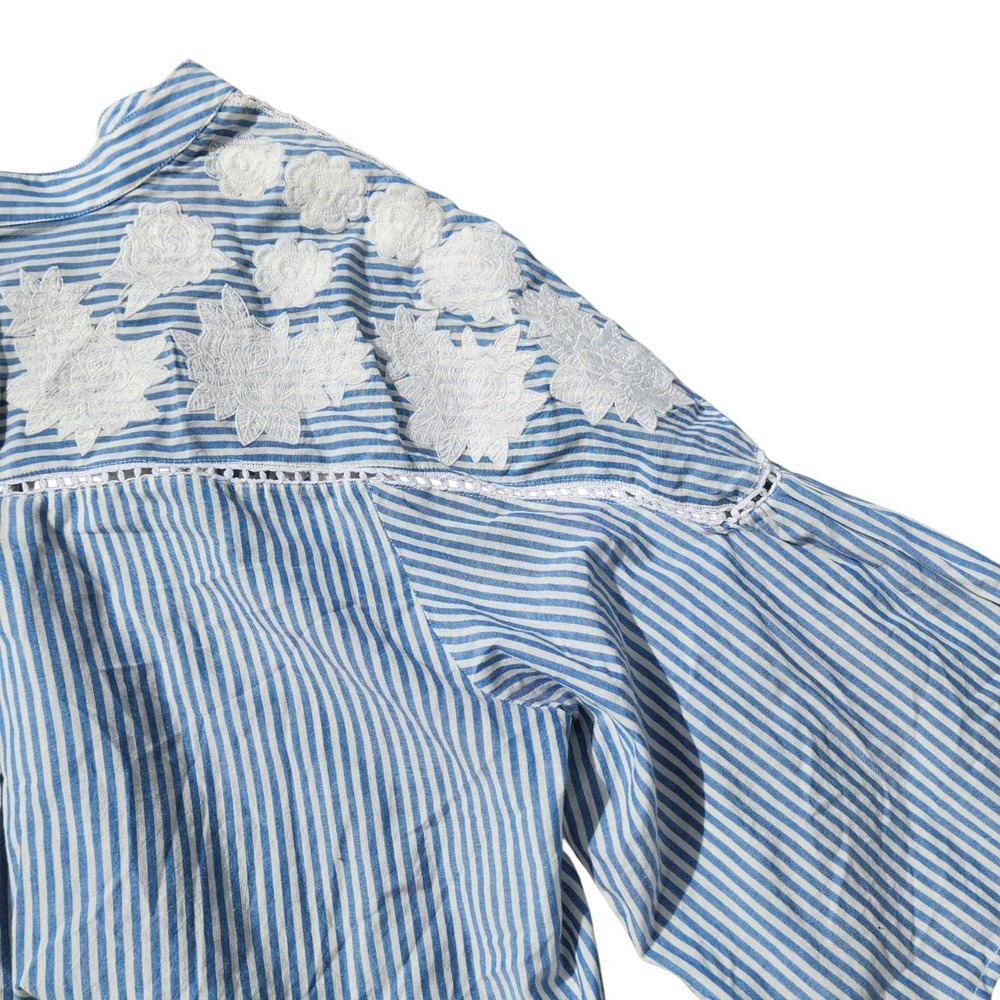 Free People Top XS Blue Stripe Embroidered Flowers Boho Bell Sleeve NWT - Picture 12 of 15